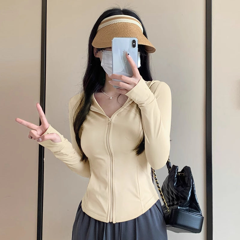 Ice Silk Sun Protection Clothing Cardigan Women's Summer Slim Yoga Wear Hooded Jacket Tight Top 2025 New Waist Span