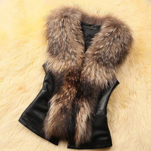 S-4XL AliExpress Autumn and Winter Women's Raccoon Fur Collar Fur Jacket Vest Short Slim Fit Faux Fur Vest