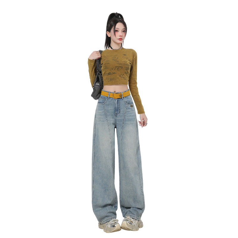JM2025 New Fashion Jeans Women's High Waist Loose All-match Straight Wide Leg Machete Pants Yellow Nine-point Spandex
