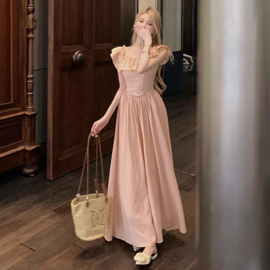 Tea Break French Pink Small Flying Sleeve dress Women's 2025 Summer New Waist Slim-fit Seaside Holiday Style Long Dress