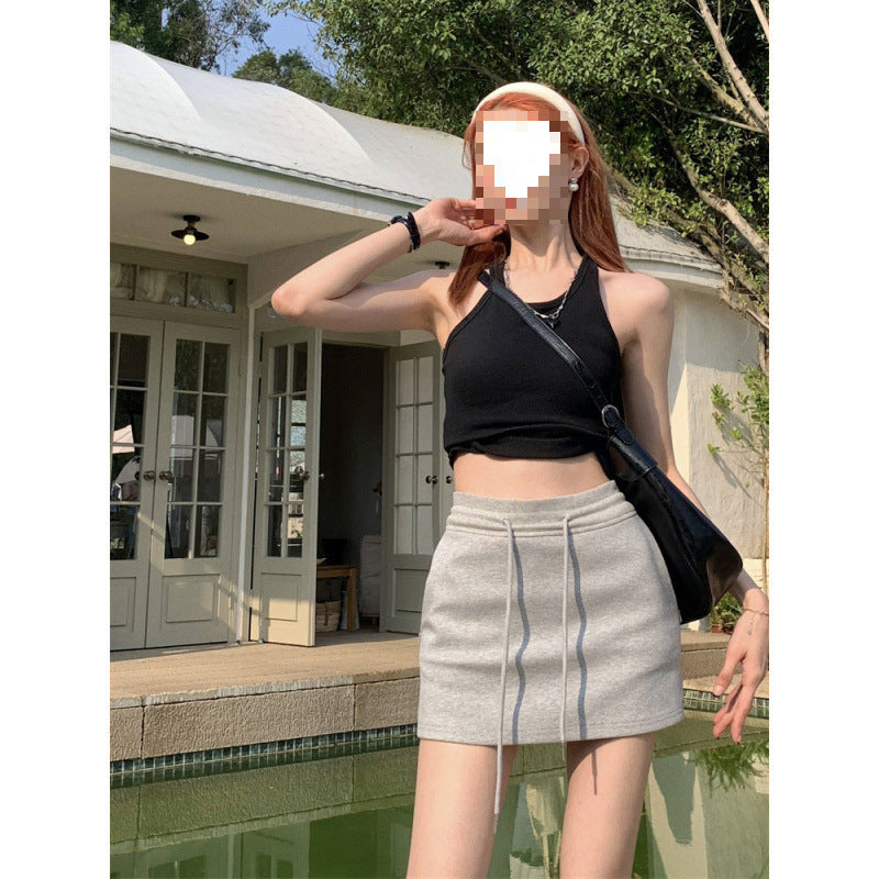 Drawstring sports short skirt women's summer new casual sports half culottes high waist all match package hip skirt A line half skirt