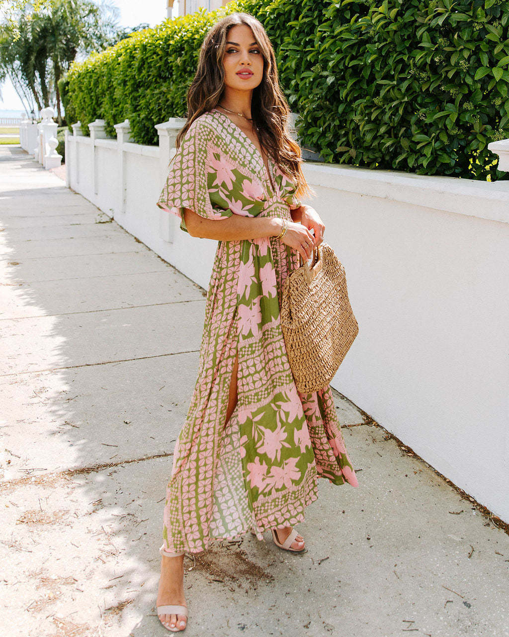 Sexy High Waist Printed Split Dress Women's Fashion Summer 2025 Polyester Long A-Line Skirt V-Neck Batwing Sleeve Zipper