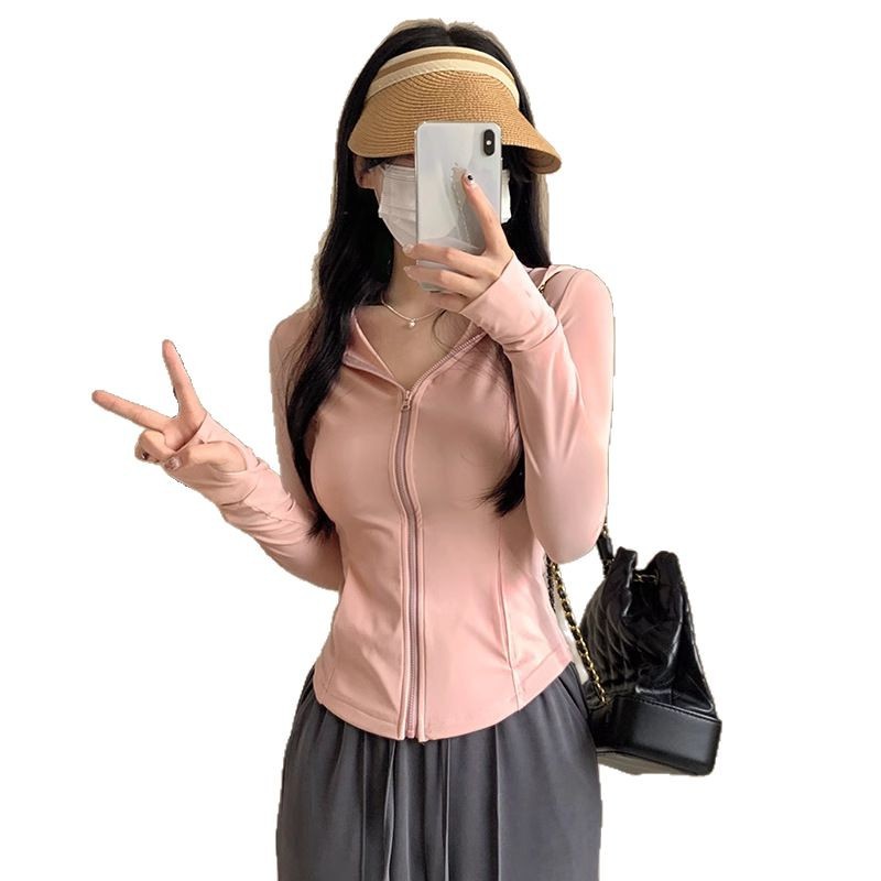 Ice Silk Sun Protection Clothing Cardigan Women's Summer Slim Yoga Wear Hooded Jacket Tight Top 2025 New Waist Span