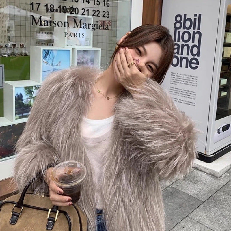 Real Hair White Raccoon Hair Double-sided Woven Encryption Thickened Autumn and Winter New Temperament Anti-season Explosions Western Style Clothes Length 50 Gas