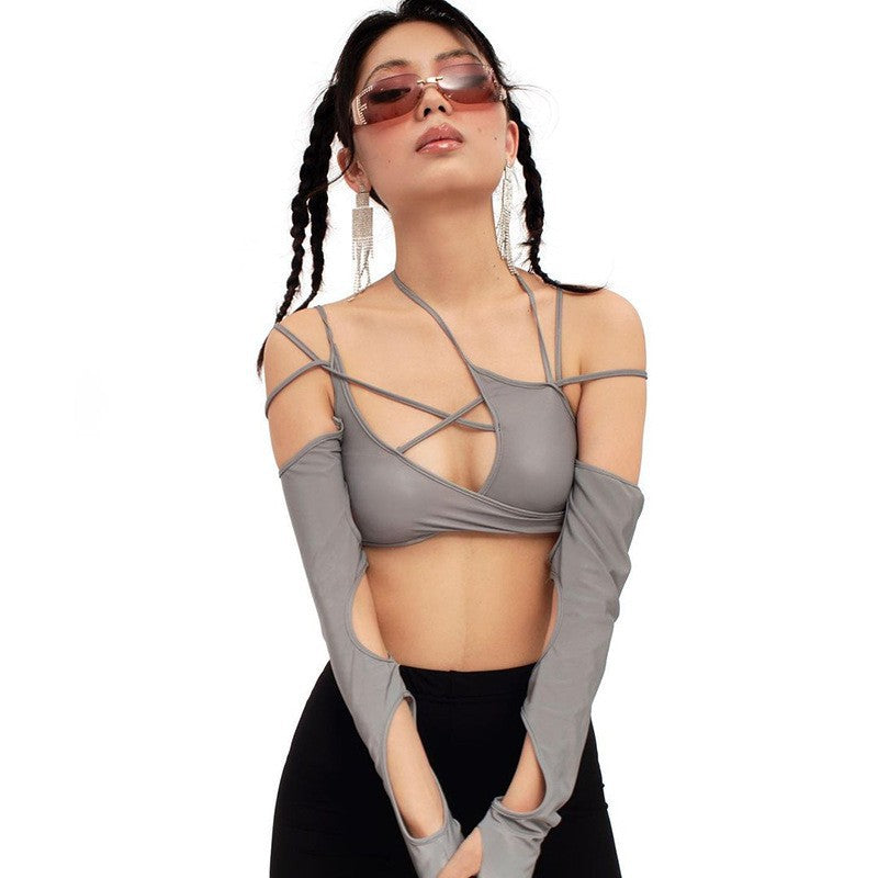 NVTX70245 Summer New Women's Solid Color Sling Neck Navel Backless Sleeve Women's Top