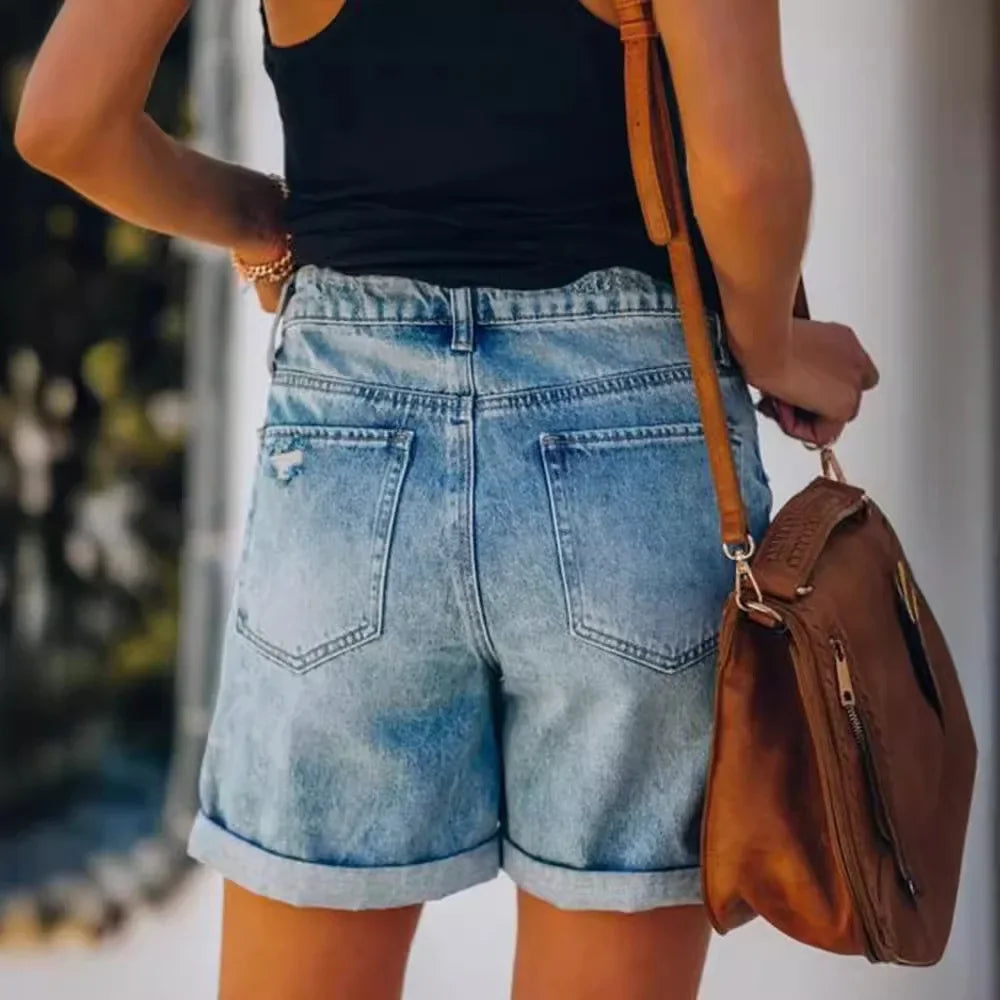 Fashionable Street-Style Denim Shorts Women's Straight-Leg Pants With Rolled Edges And Ripped Details Summer 2024 Ebay Amazon Wi