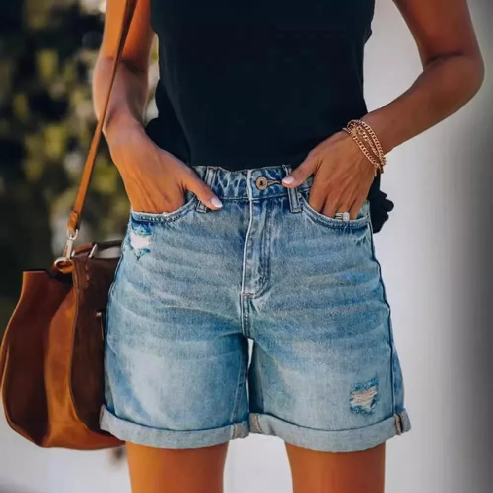 Fashionable Street-Style Denim Shorts Women's Straight-Leg Pants With Rolled Edges And Ripped Details Summer 2024 Ebay Amazon Wi