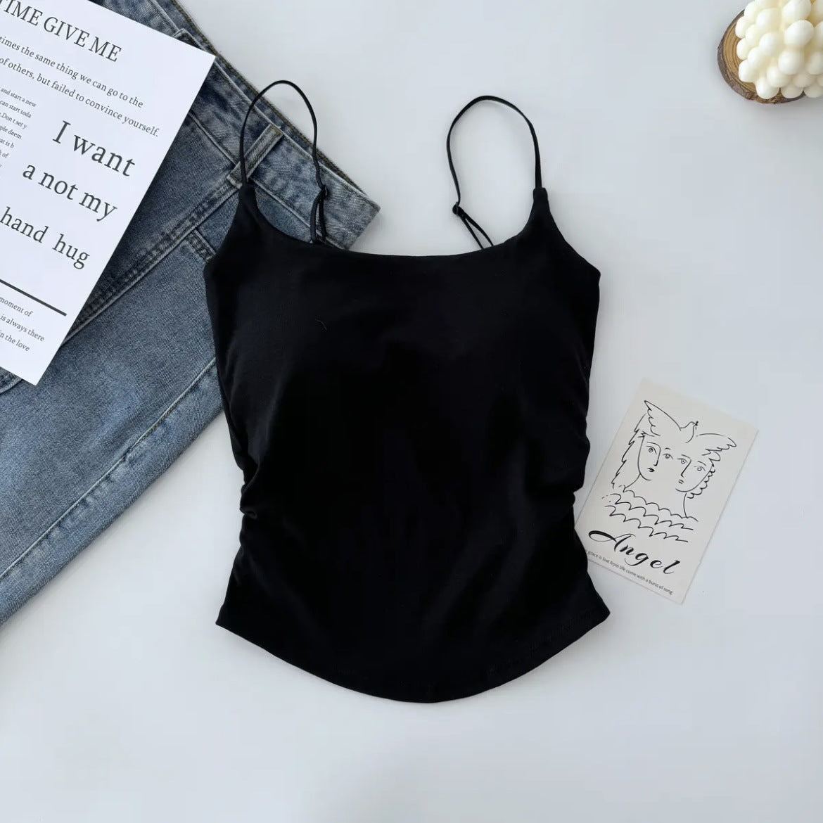 New Style Pure Sweet and Spicy Design Pleated Camisole Women's Belt Chest Pad Inner Wearing Outer Wearing Slim-fit Beautiful Back Summer Clothes