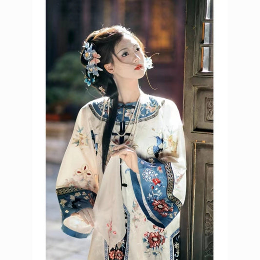 2025 Early Spring New Chinese Style National Style Palace Style Qing Dynasty Ancient Coat Han Coat Printed Top Horse Face Skirt Two-piece Suit for Women