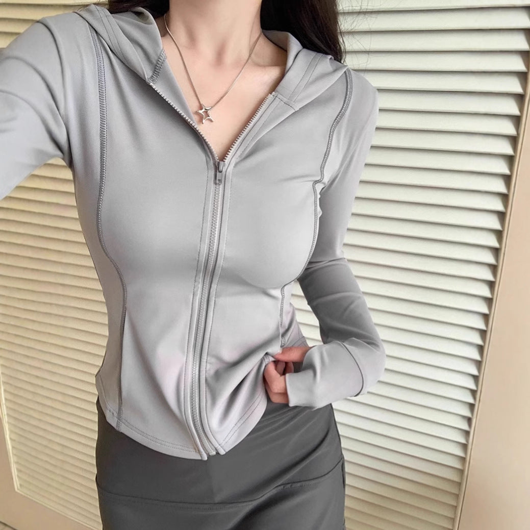Ice Silk Sun Protection Clothing Cardigan Women's Summer Slim Yoga Wear Hooded Jacket Tight Top 2025 New Waist Span