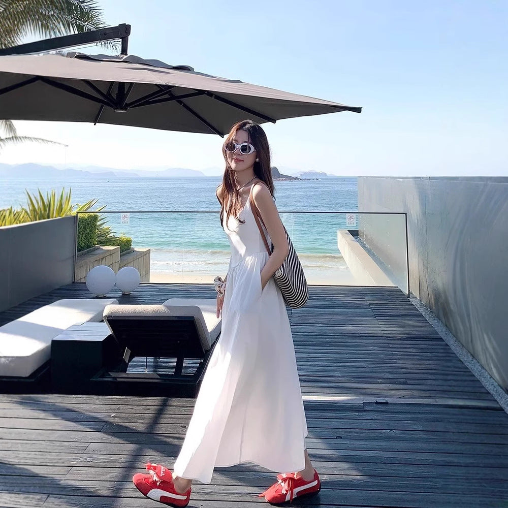 Korean Style Gentle White Tight Waist Sling dress Holiday Style Sweet Wear Slimming Elegant Long Skirt