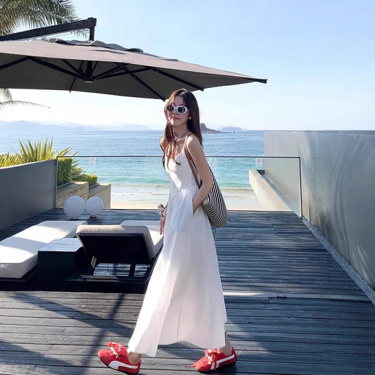 Korean Style Gentle White Tight Waist Sling dress Holiday Style Sweet Wear Slimming Elegant Long Skirt