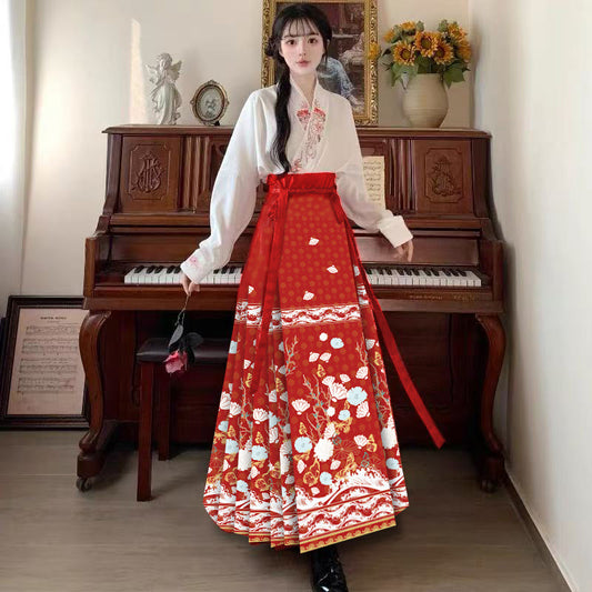 Hanfu horse face skirt women's spring and summer women's big swing horse face pleated long wholesale skirt [flower branch butterfly dream]]