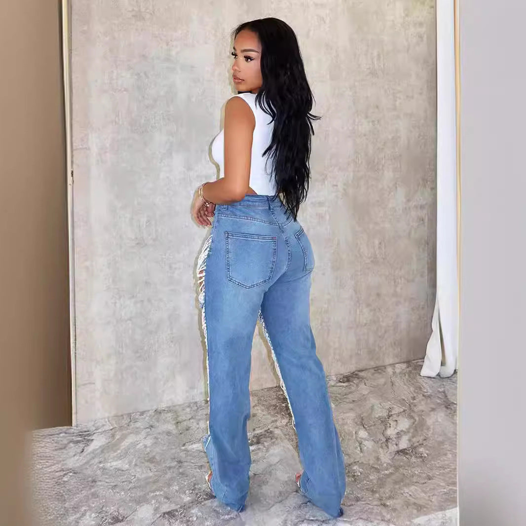 Hot Girl Summer Pants European and American Cross-border Hole Heavy Industry Beaded Beaded Elastic Jeans Pants Female JEANS