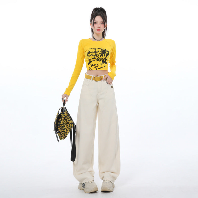 JM2025 New Fashion Jeans Women's High Waist Loose All-match Straight Wide Leg Machete Pants Yellow Nine-point Spandex