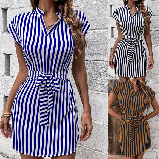 2025 Spring and Summer New Amazon Independent Station TEMU Cross-border European and American Women's Bat Sleeve Striped Lace-up dress