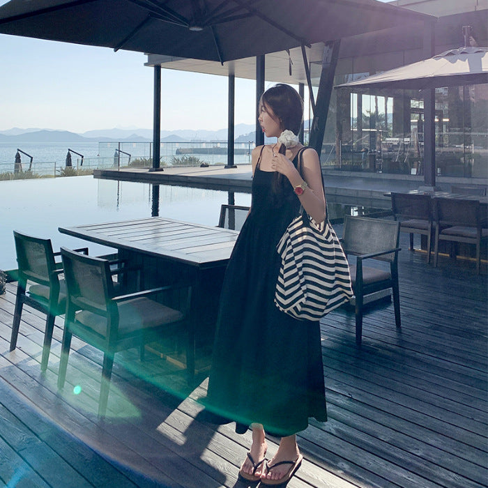 Korean Style Gentle White Tight Waist Sling dress Holiday Style Sweet Wear Slimming Elegant Long Skirt