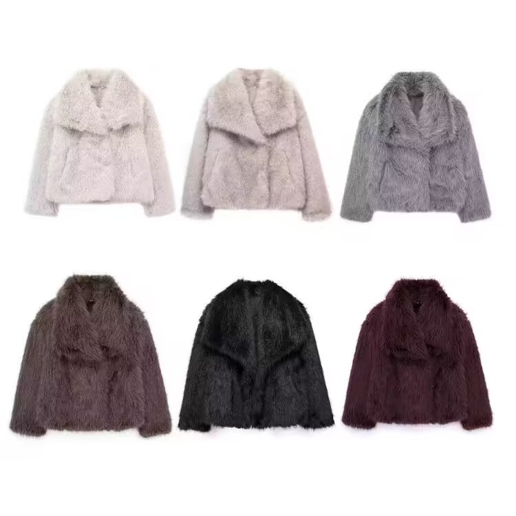 Women's spring new European and American fashion loose faux fur lapel coat