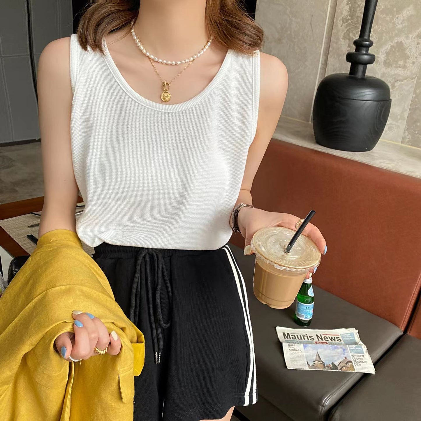Camisole Women's Summer Waffle Loose Top Slim Sleeveless Base Shirt T-shirt