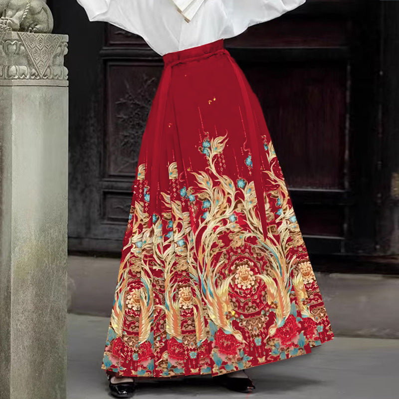 Horse-faced skirt Hanfu women's skirt spring and autumn pleated skirt new Chinese style small senior sense [double phoenix and singing]]