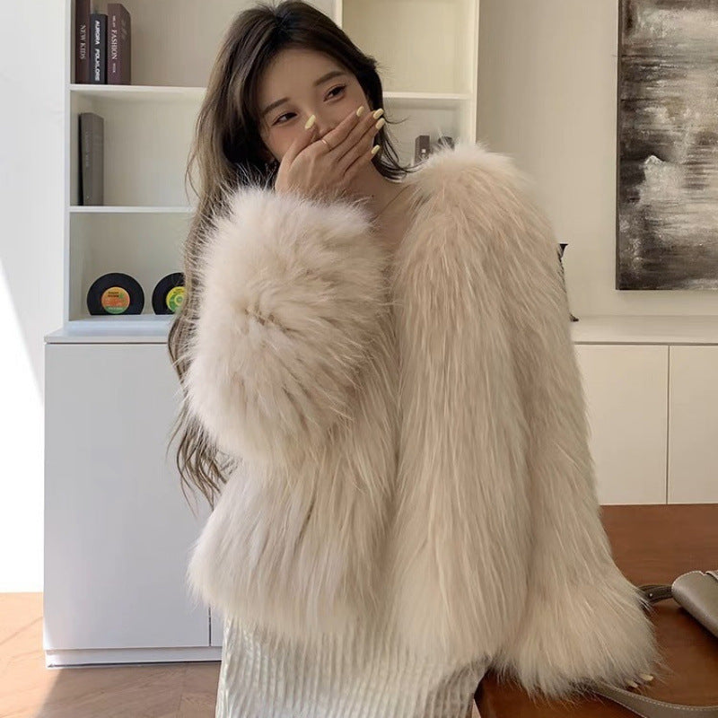 Real Hair White Raccoon Hair Double-sided Woven Encryption Thickened Autumn and Winter New Temperament Anti-season Explosions Western Style Clothes Length 50 Gas