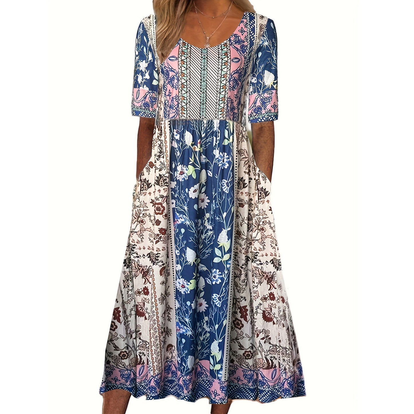 2024 European and American Amazon Summer New Women's Round Neck Short Sleeve Dress Bohemian Printed Dress for Women