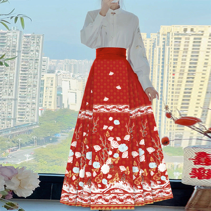 Hanfu horse face skirt women's spring and summer women's big swing horse face pleated long wholesale skirt [flower branch butterfly dream]]