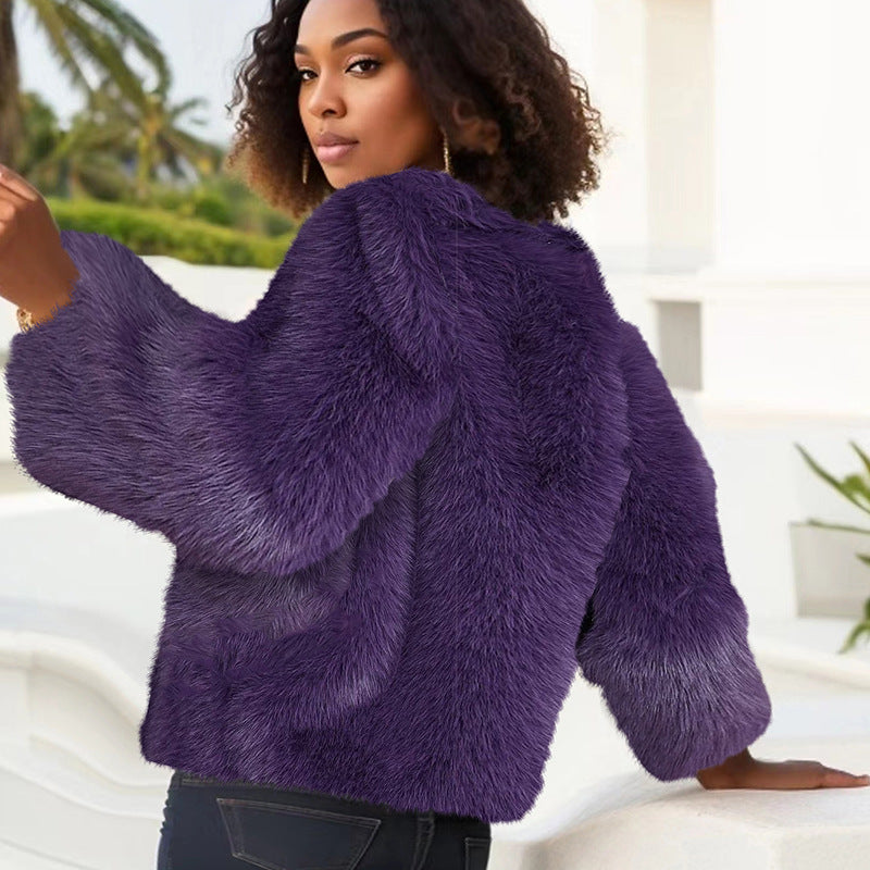 2025 New Autumn and Winter Drag Crewneck Short Jacket Faux Fur Jacket Women's Fashionable Elegant Solid Color Street Casual