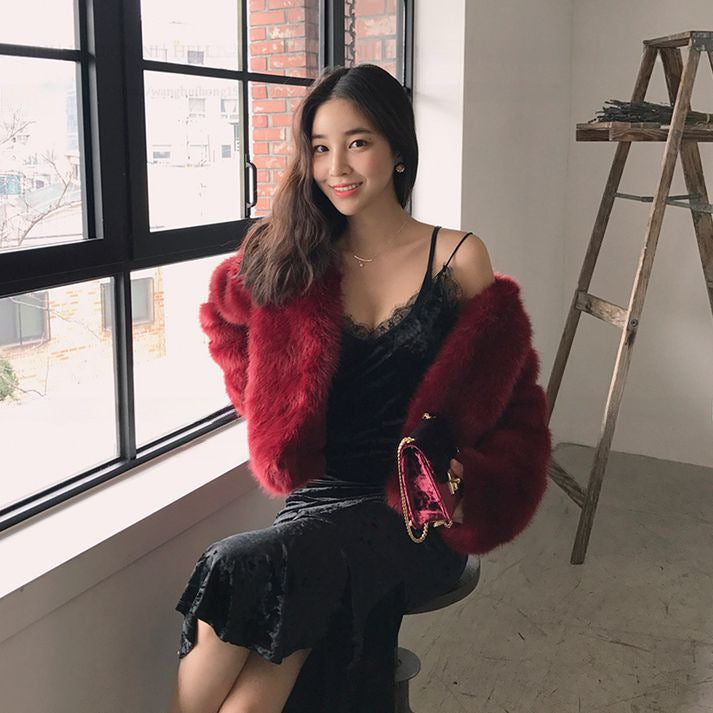 2025 autumn and winter New Korean style Haining faux fox fur short coat women's fur coat slim fit slimming