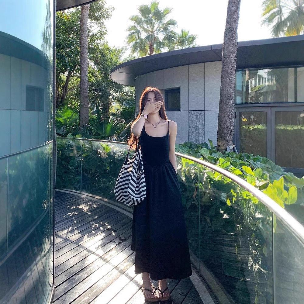 Korean Style Gentle White Tight Waist Sling dress Holiday Style Sweet Wear Slimming Elegant Long Skirt
