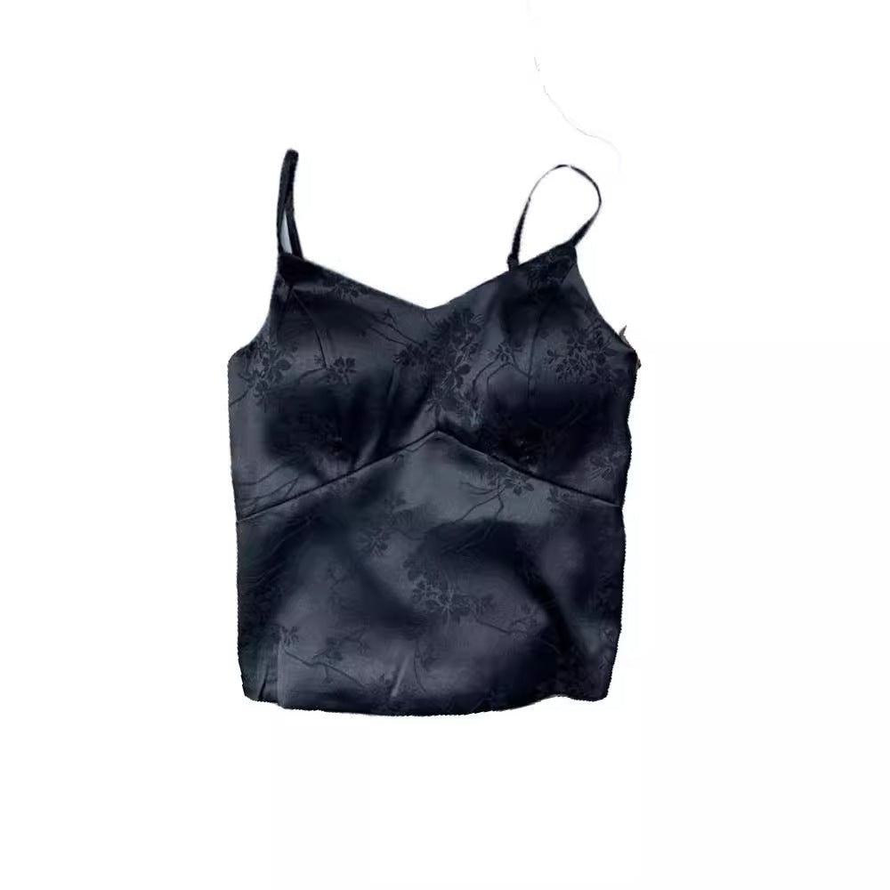 New Chinese Acetic Acid Satin Camisole Vest Women's Outer Wear Small Suit with V-Neck Sexy Belt Chest Pad Base Top