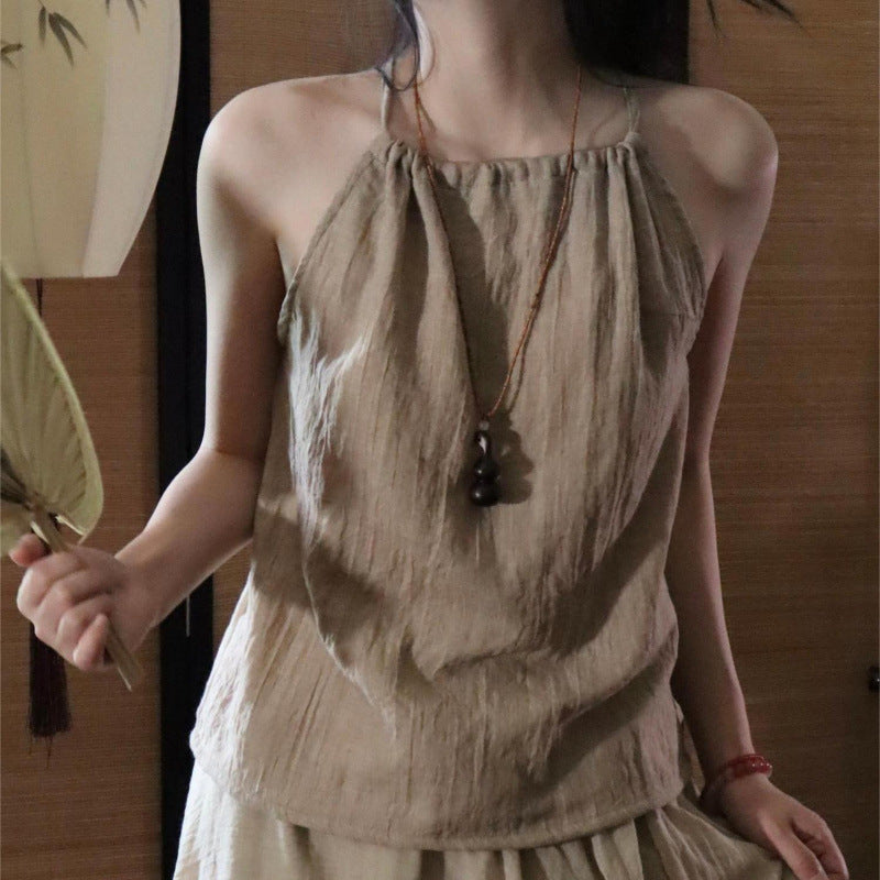 Zen Style Coat Neck Hanging Strap Elegant Skirt Cotton Linen Zen Clothing Women's Cool Tea Clothing Hanfu