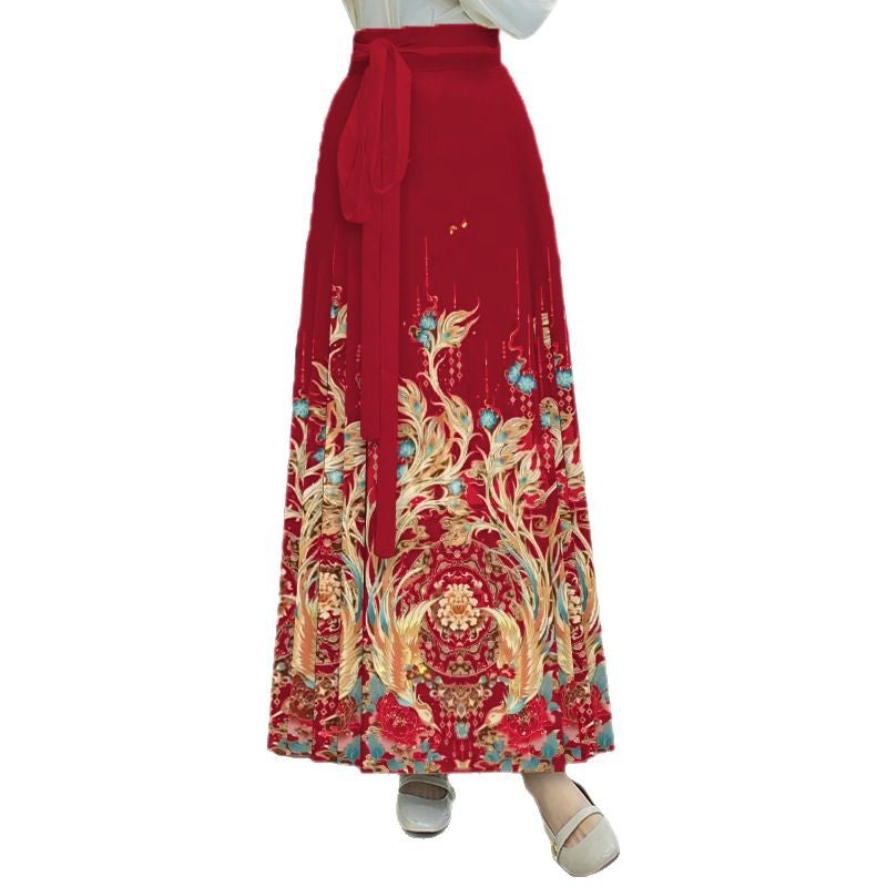 Horse-faced skirt Hanfu women's skirt spring and autumn pleated skirt new Chinese style small senior sense [double phoenix and singing]]