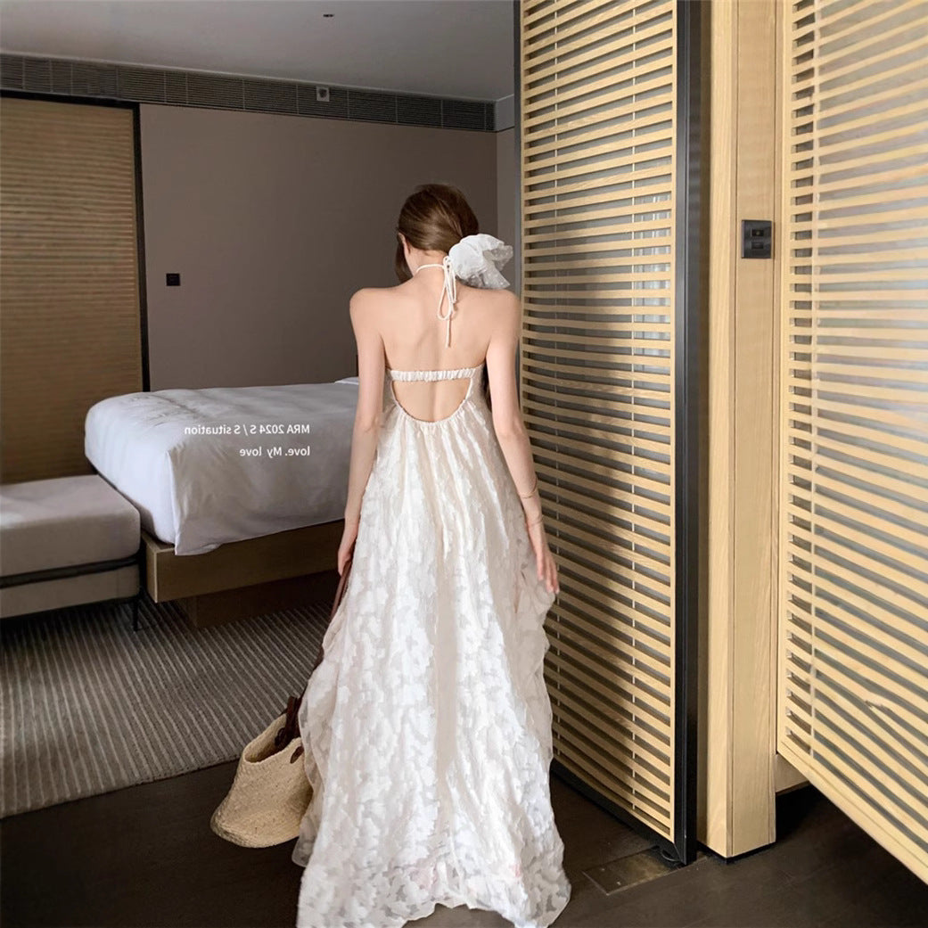 French Style Neck dress Women's Summer Seaside Vacation Backless Long Dress Super Fairy Elegant Loose A- line Skirt