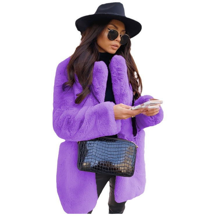 European and American Temperament Commuter Long Sleeve Lapel Faux Fur Jacket Solid Color Warm plus size Coat Women's Fur Fur Women's Clothing
