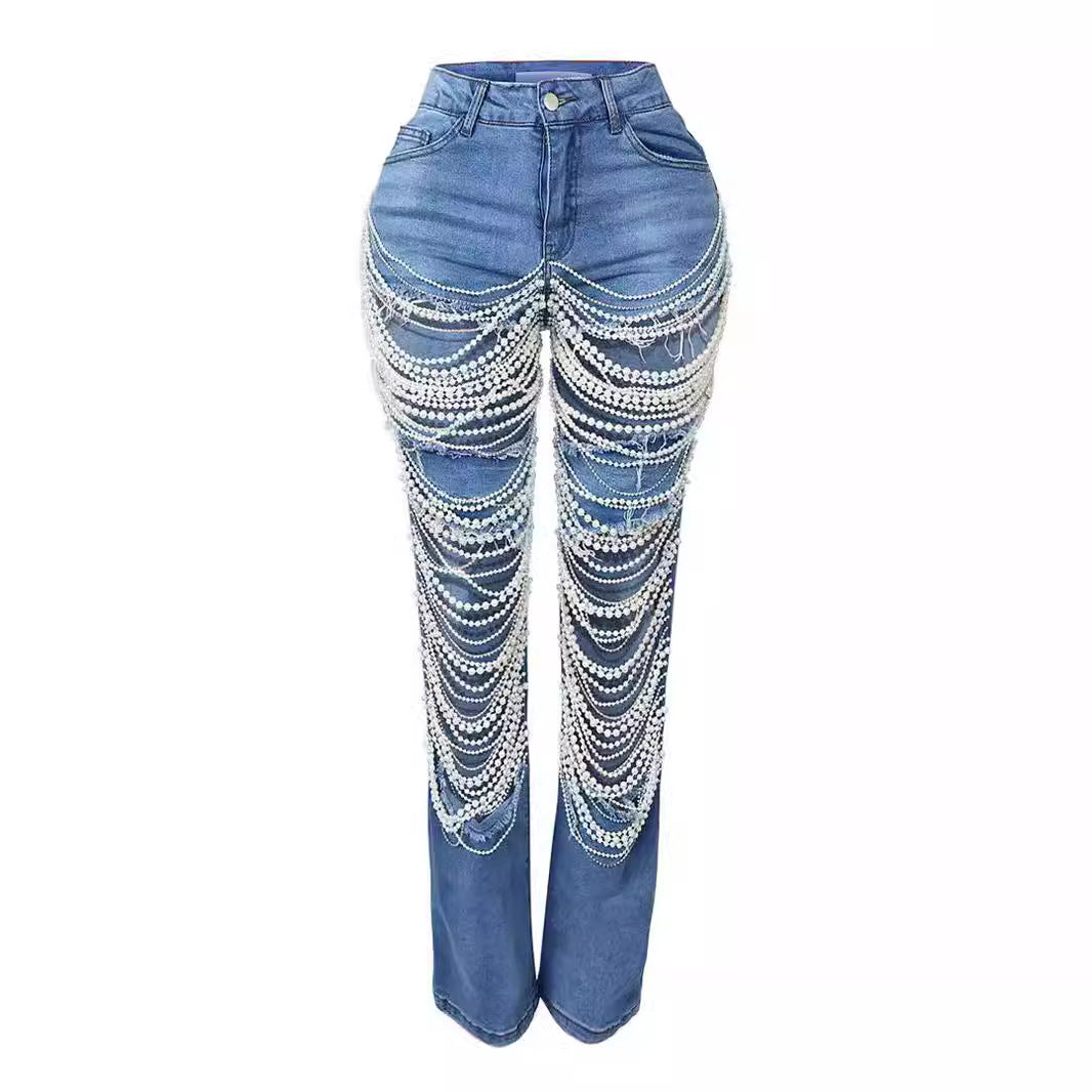 Hot Girl Summer Pants European and American Cross-border Hole Heavy Industry Beaded Beaded Elastic Jeans Pants Female JEANS