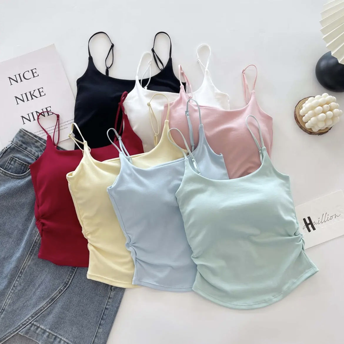 New Style Pure Sweet and Spicy Design Pleated Camisole Women's Belt Chest Pad Inner Wearing Outer Wearing Slim-fit Beautiful Back Summer Clothes