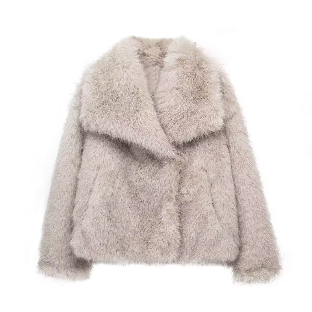 Women's spring new European and American fashion loose faux fur lapel coat