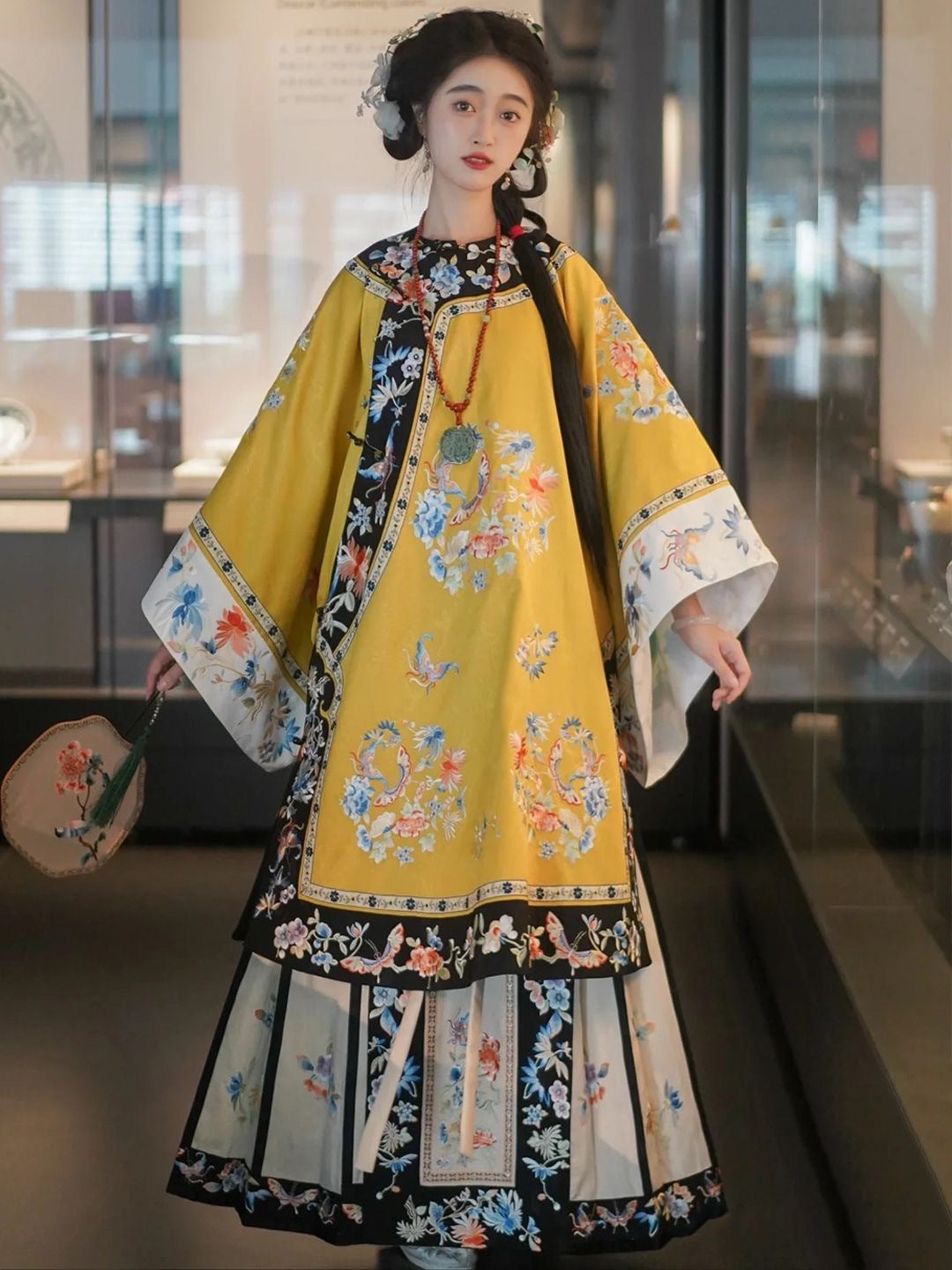 Quanzhou Xunpu Hairpin Flower Qing Han Women's Clothing Gege Han Clothing Qing Dynasty Manchu Qing Flag Yellow Printed Skirt Photo Portrait