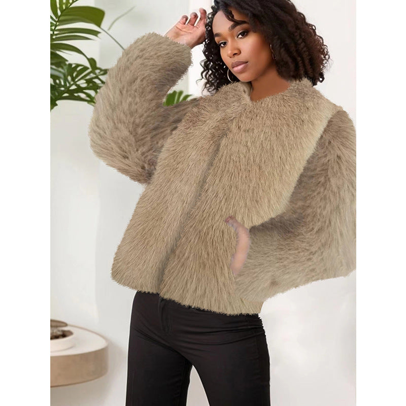 2025 New Autumn and Winter Drag Crewneck Short Jacket Faux Fur Jacket Women's Fashionable Elegant Solid Color Street Casual