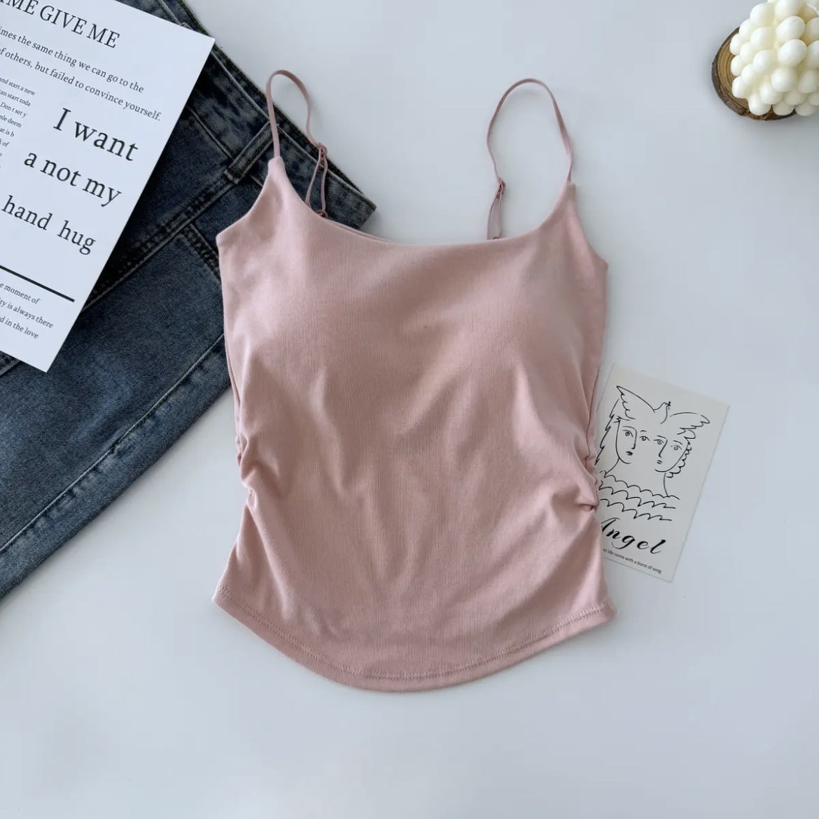 New Style Pure Sweet and Spicy Design Pleated Camisole Women's Belt Chest Pad Inner Wearing Outer Wearing Slim-fit Beautiful Back Summer Clothes