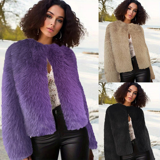 2025 New Autumn and Winter Drag Crewneck Short Jacket Faux Fur Jacket Women's Fashionable Elegant Solid Color Street Casual