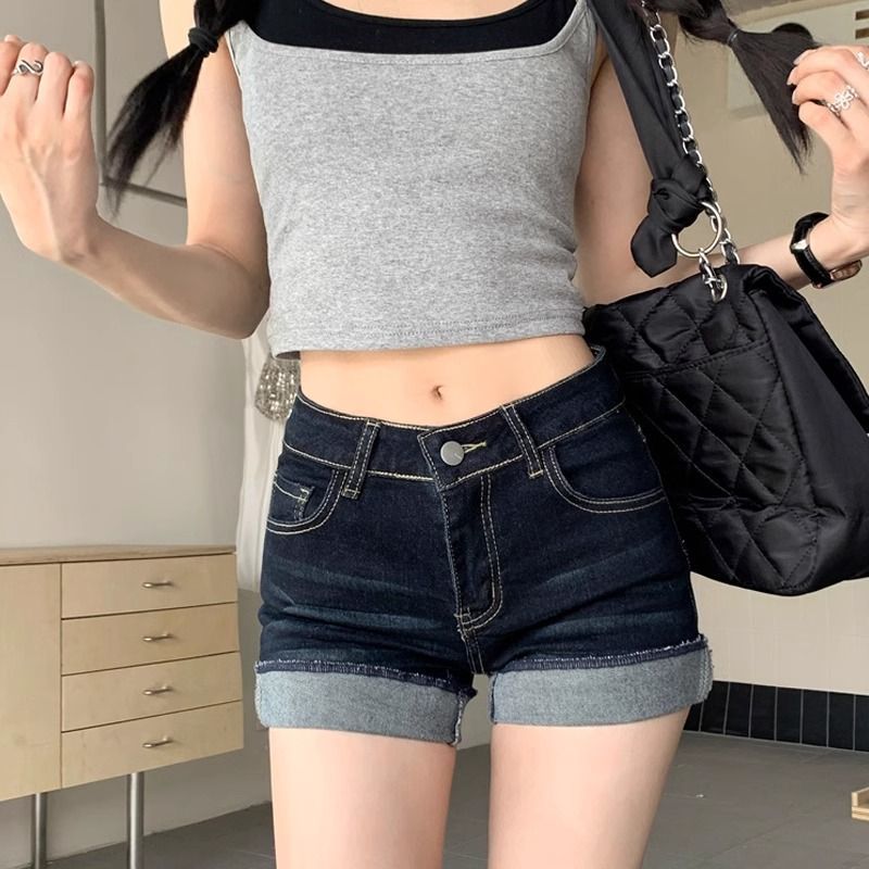 Washed cuffed denim shorts Women 2025 Summer Hottie High-waisted A-line pants Stretch tight wrap hip hot pants