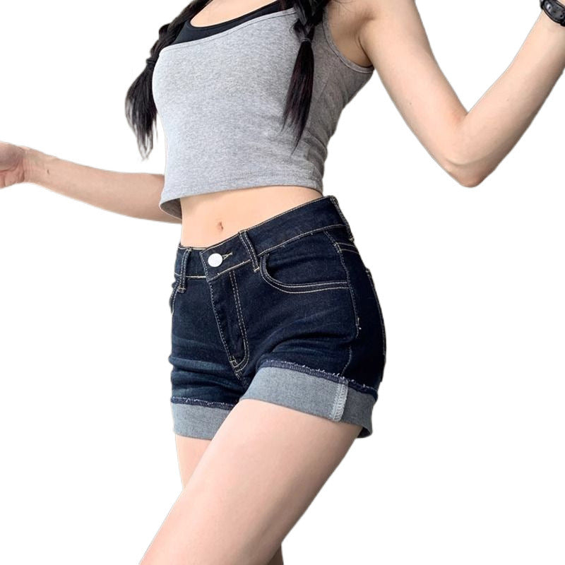 Washed cuffed denim shorts Women 2025 Summer Hottie High-waisted A-line pants Stretch tight wrap hip hot pants