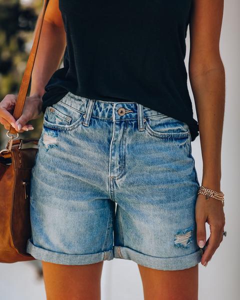 Fashionable Street-Style Denim Shorts Women's Straight-Leg Pants With Rolled Edges And Ripped Details Summer 2024 Ebay Amazon Wi