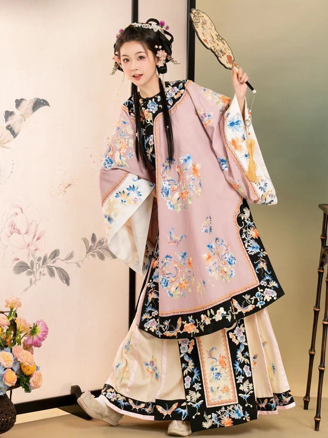 Quanzhou Xunpu Hairpin Flower Qing Han Women's Clothing Gege Han Clothing Qing Dynasty Manchu Qing Flag Yellow Printed Skirt Photo Portrait