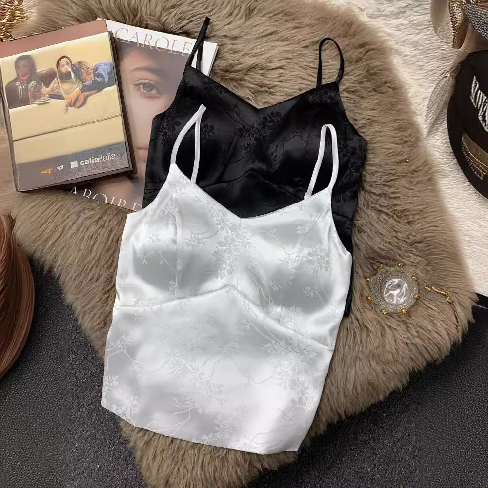 New Chinese Acetic Acid Satin Camisole Vest Women's Outer Wear Small Suit with V-Neck Sexy Belt Chest Pad Base Top