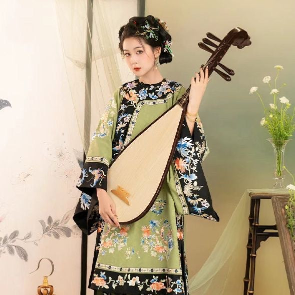 Quanzhou Xunpu Hairpin Flower Qing Han Women's Clothing Gege Han Clothing Qing Dynasty Manchu Qing Flag Yellow Printed Skirt Photo Portrait