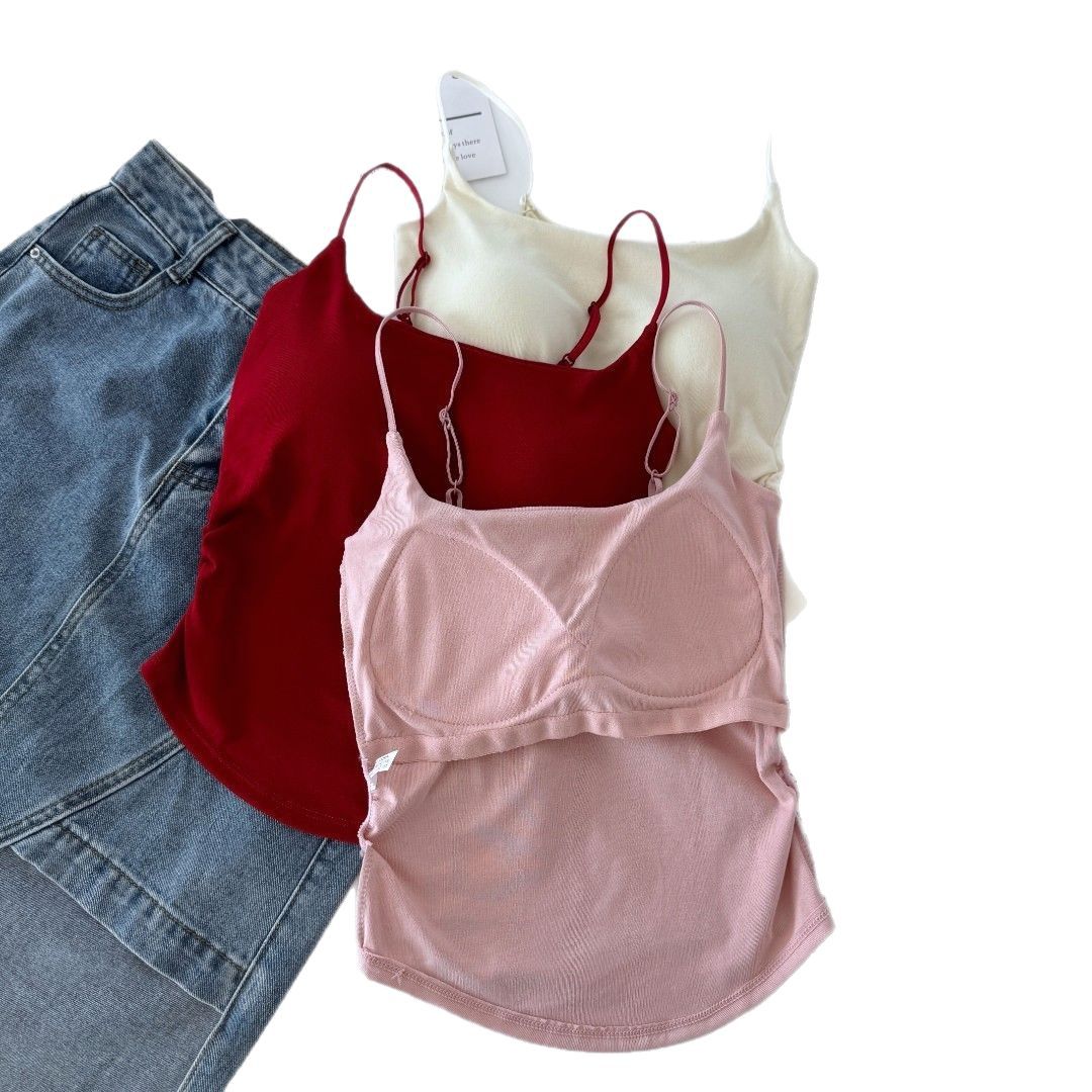 New Style Pure Sweet and Spicy Design Pleated Camisole Women's Belt Chest Pad Inner Wearing Outer Wearing Slim-fit Beautiful Back Summer Clothes