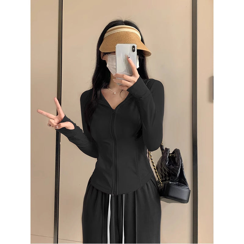 Ice Silk Sun Protection Clothing Cardigan Women's Summer Slim Yoga Wear Hooded Jacket Tight Top 2025 New Waist Span